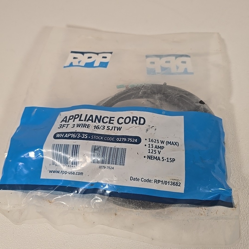RPP‎ Appliance Cord 3ft 3 Wire 16/3 SJTW WH AP16/3-3S